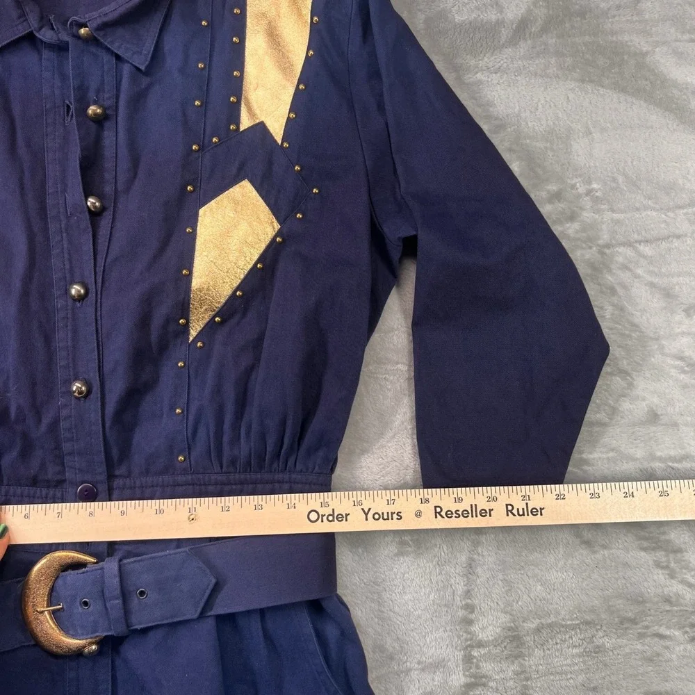 Vintage d.Frank Navy Blue Western Studded Gold Metallic Belted Midi Dress Womens